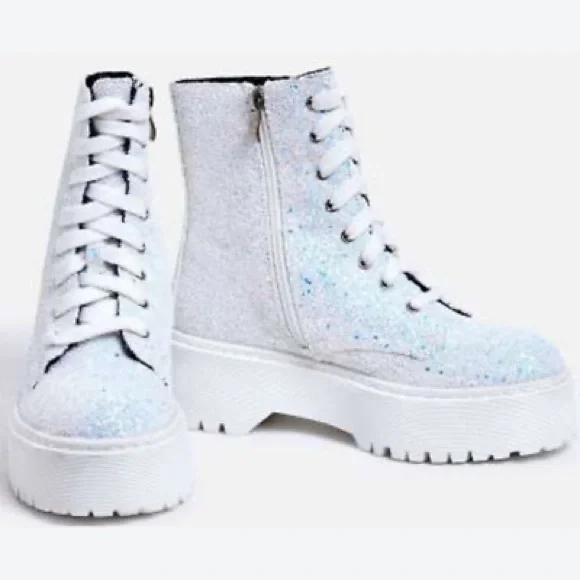 White Glitter Combat Boots - Picture 1 of 10